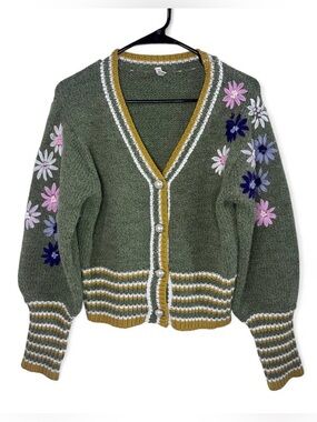 Raga Embroidered Floral Cardigan Small Pearl Button Boho Cottagecore Sweater